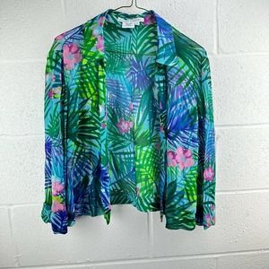 Maggy London 100% Silk Top Open Front Tropical Palm Green Blue Sz 12